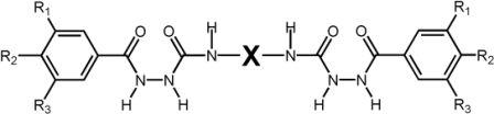Scheme 2.1: General formula of the bis[(alkoxy)benzoyl semicarbazides (Ri = H-, CnH2n+1O-, n = 8, 10, 12, 16, X = 1,4-phenyl-, 2,4-toluyl-, 2,6-toluyl-, 1,8-naphtyl-, 1,6-hexyl-) Scheme 2.1: General formula of the bis[(alkoxy)benzoyl semicarbazides (Ri = H-, CnH2n+1O-, n = 8, 10, 12, 16, X = 1,4-phenyl-, 2,4-toluyl-, 2,6-toluyl-, 1,8-naphtyl-, 1,6-hexyl-)